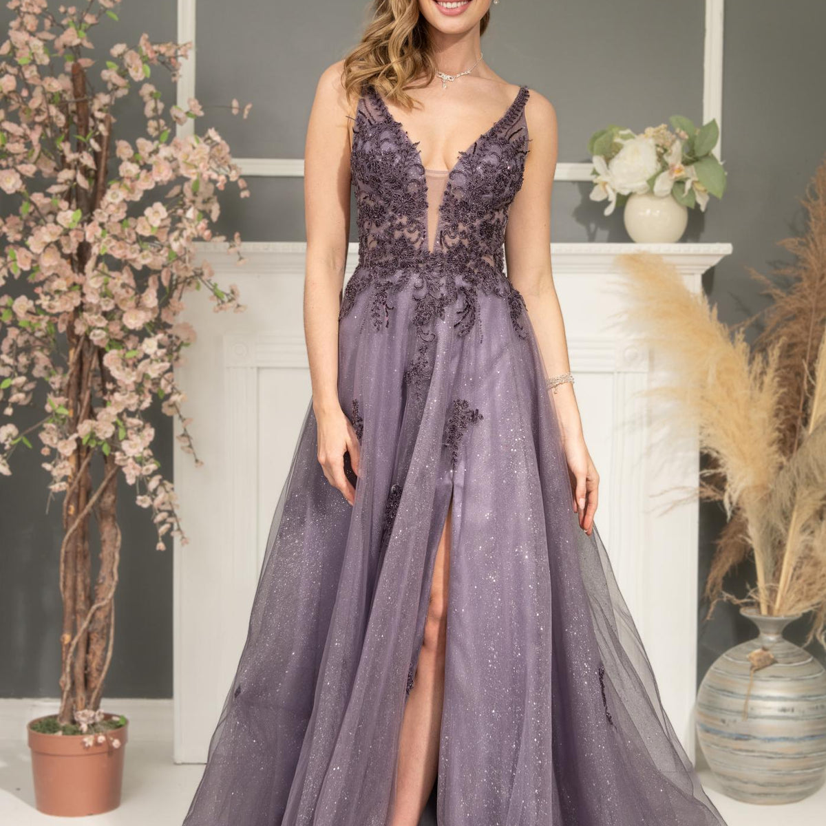 BeadedAppliqueShimmerTulleGown