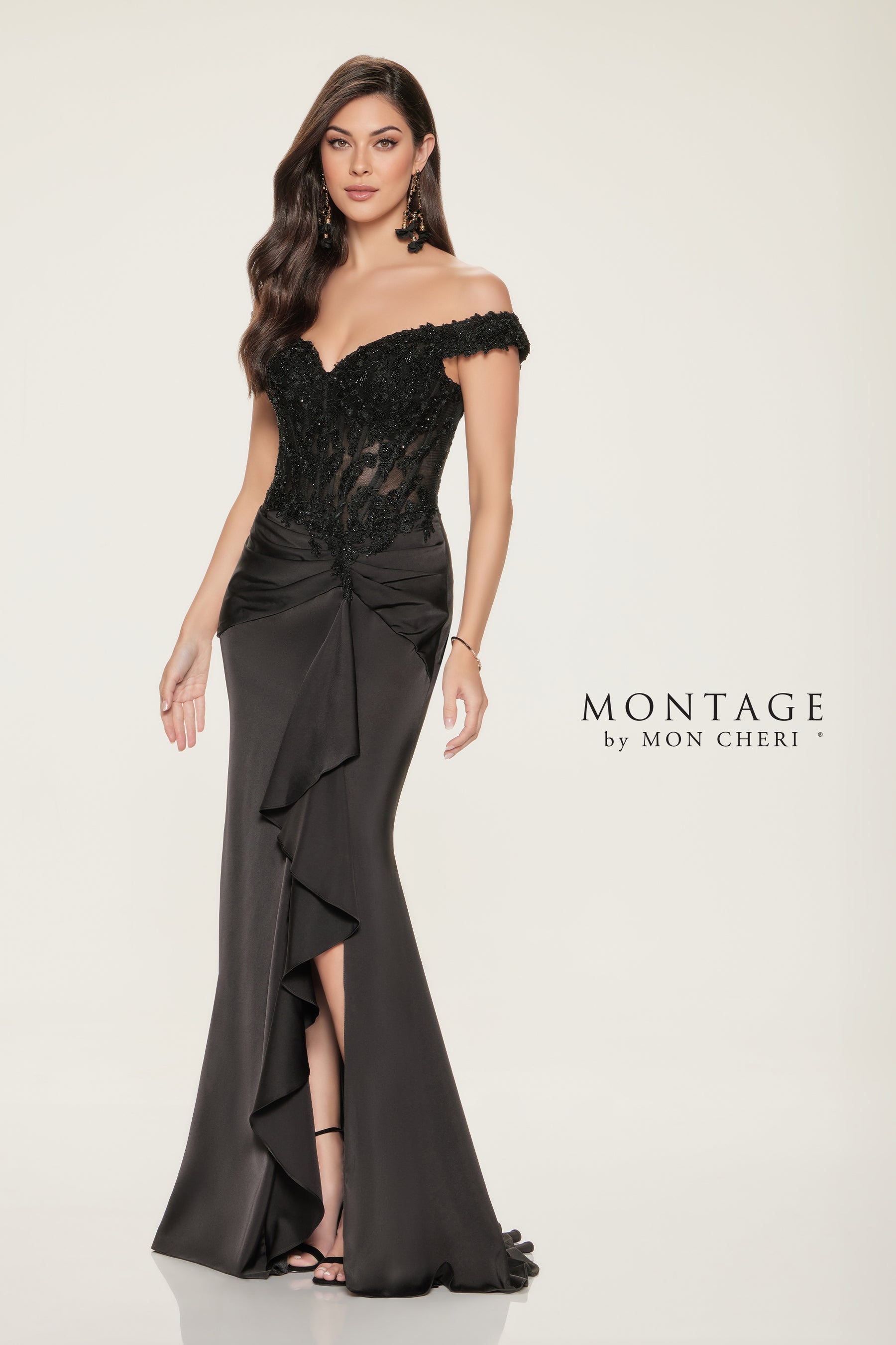 Beaded Bodice Off Shoulder Gown with Cascading Ruffle