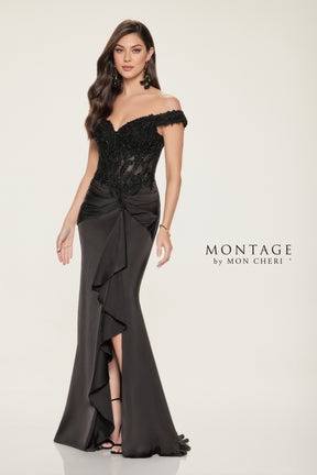 Beaded Bodice Off Shoulder Gown with Cascading Ruffle