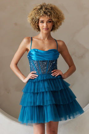 Beaded Corset Bodice Short Dress With Layered Tulle