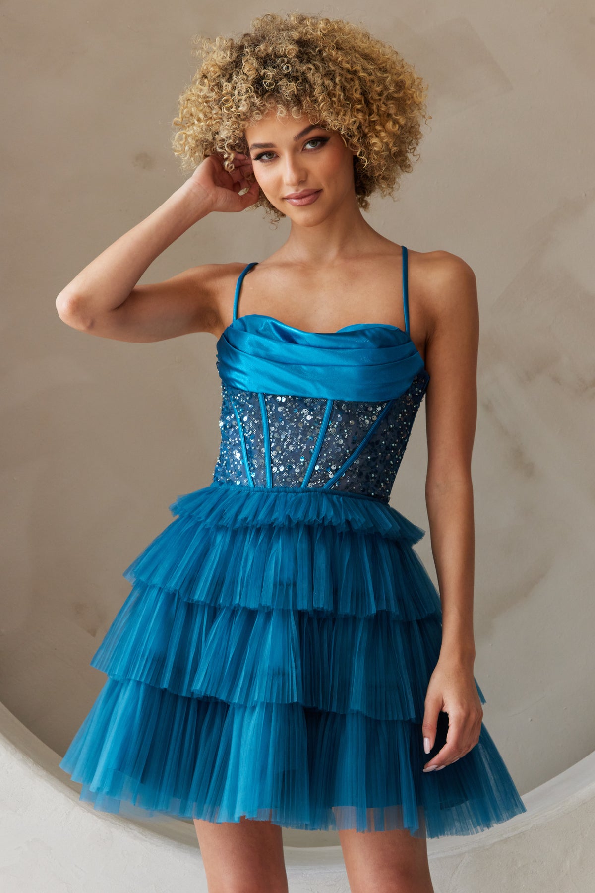 Beaded Corset Bodice Short Dress With Layered Tulle
