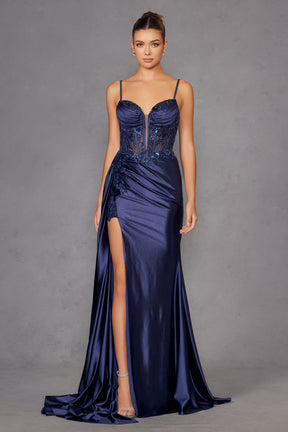 Beaded Corset Fitted Gown With Side Panel