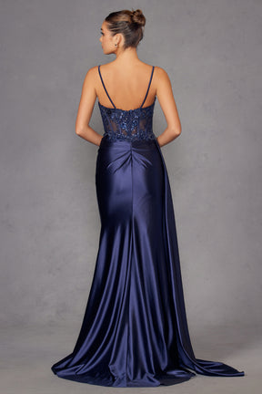 Beaded Corset Fitted Gown With Side Panel