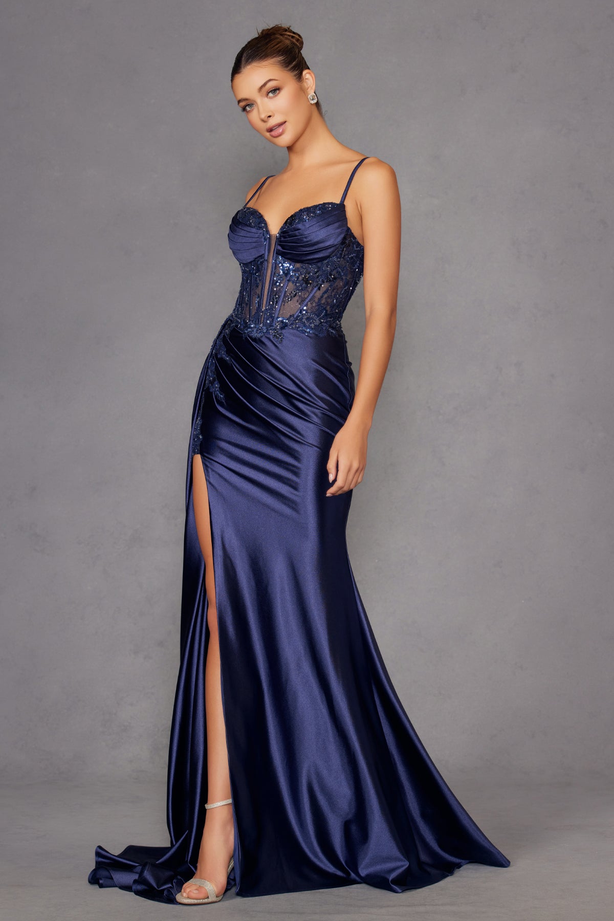 Beaded Corset Fitted Gown With Side Panel