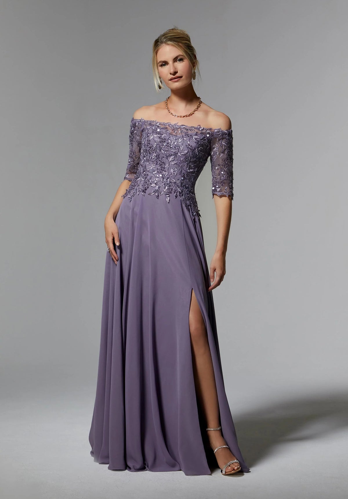 Beaded Embroidered Off Shoulder Chiffon Gown