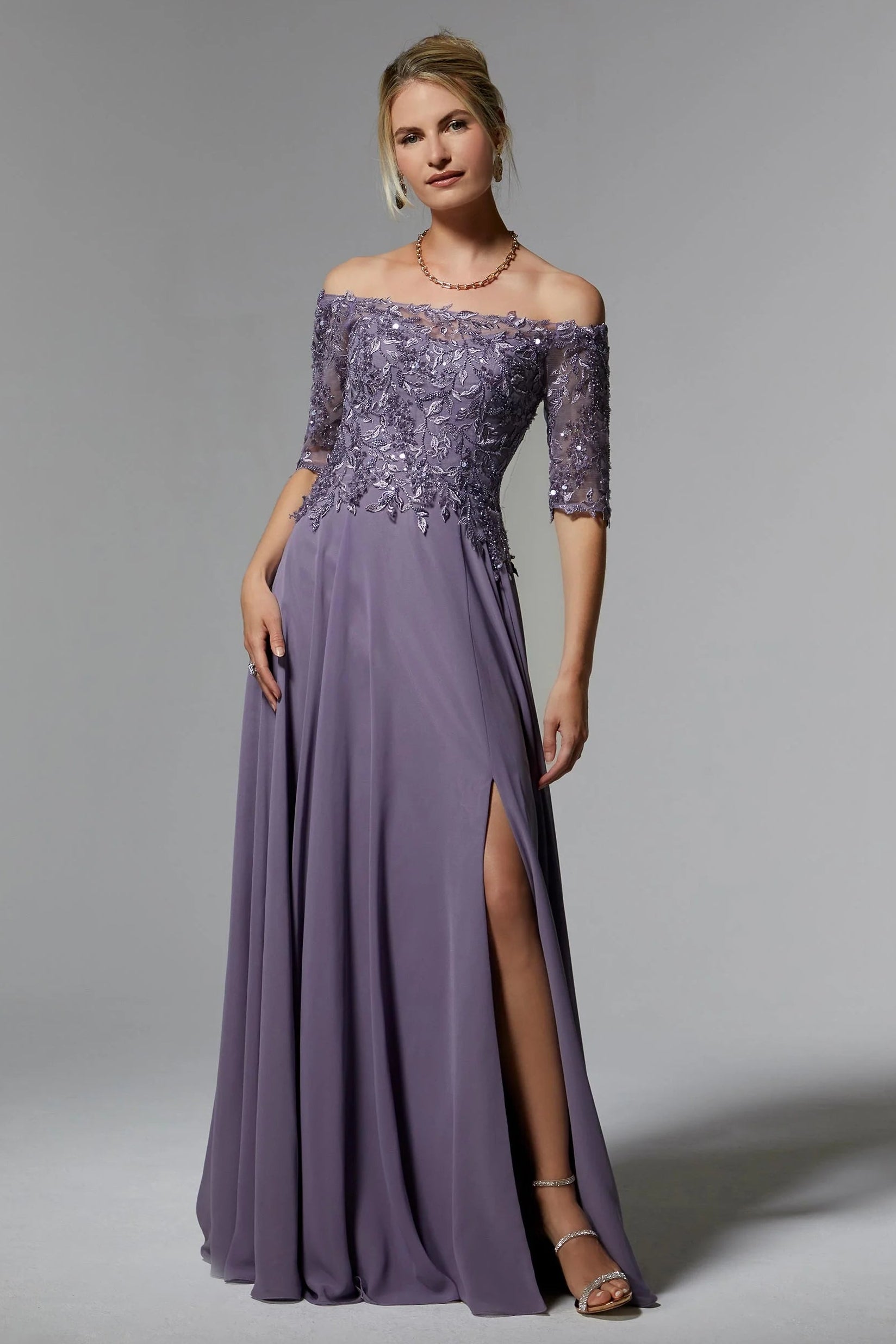 Beaded Embroidered Off Shoulder Chiffon Gown