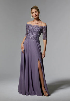 Beaded Embroidered Off Shoulder Chiffon Gown