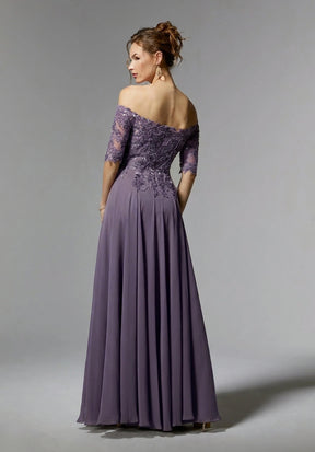 Beaded Embroidered Off Shoulder Chiffon Gown