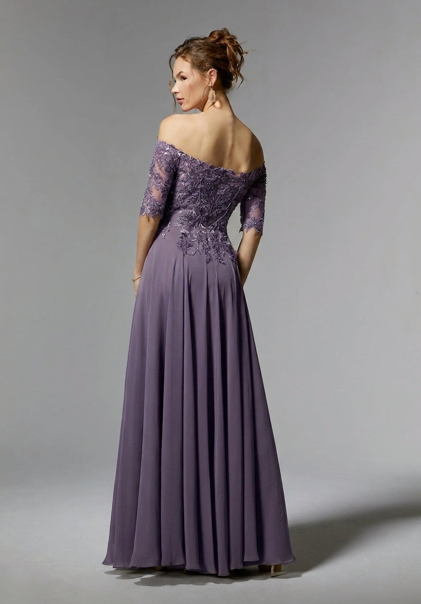 Beaded Embroidered Off Shoulder Chiffon Gown