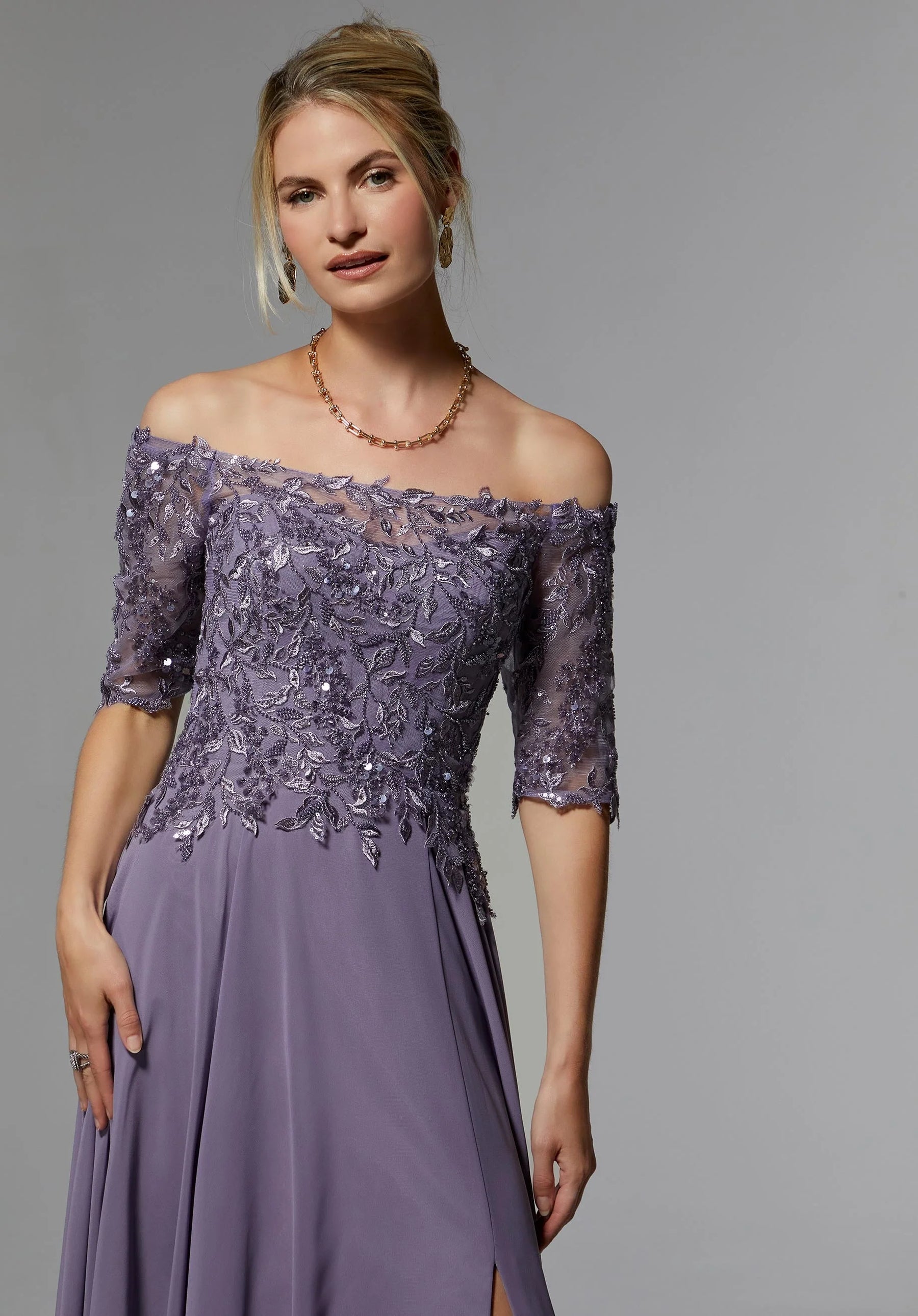 Beaded Embroidered Off Shoulder Chiffon Gown