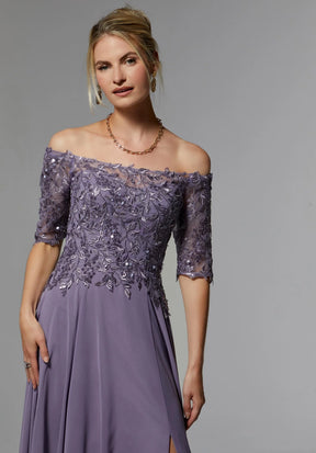 Beaded Embroidered Off Shoulder Chiffon Gown