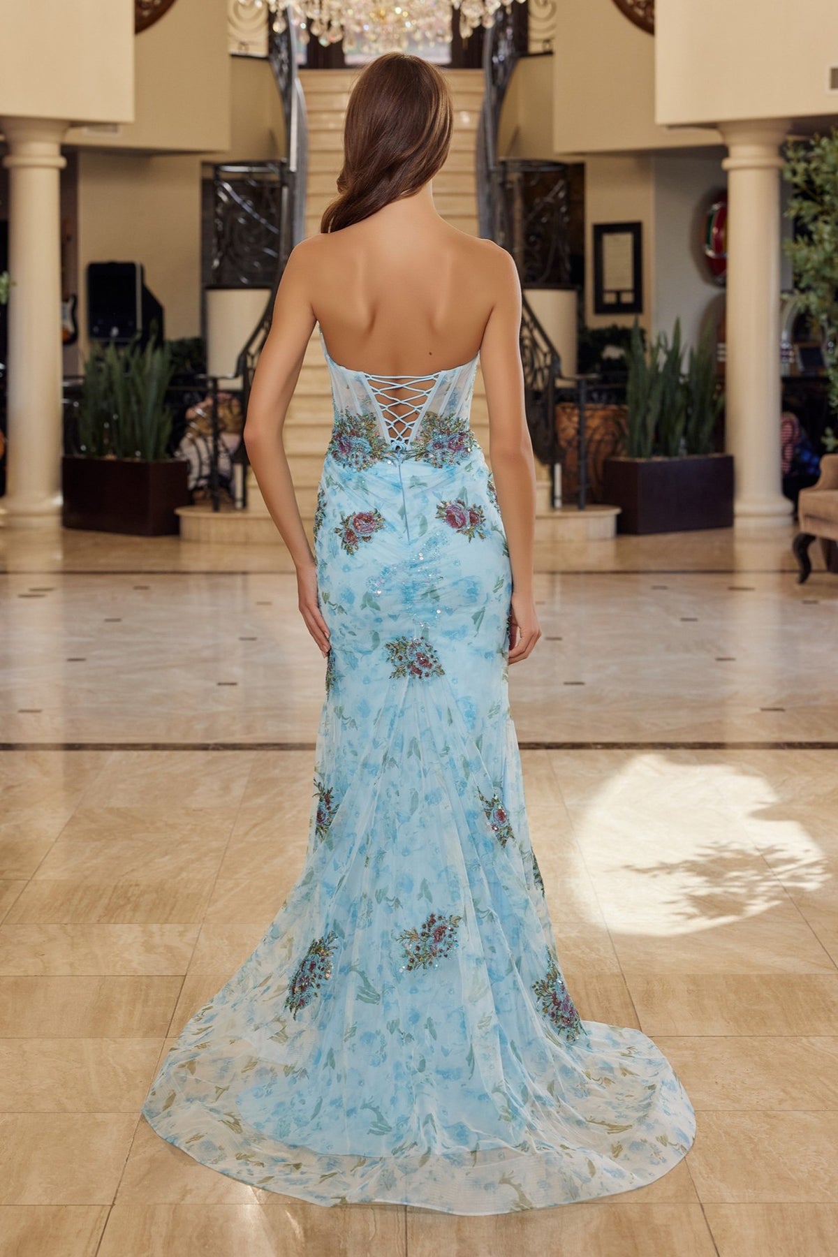 Beaded Floral Strapless Trumpet Gown