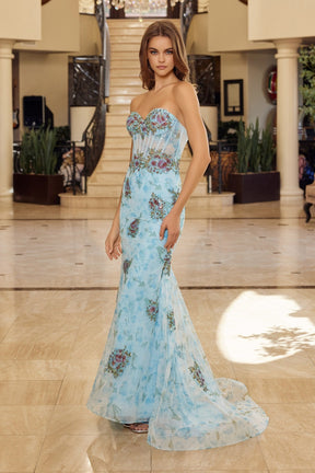 Beaded Floral Strapless Trumpet Gown