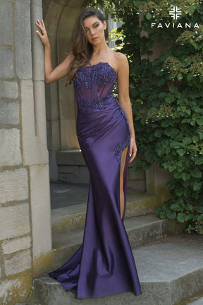 Beaded Strapless Satin Corset Dress With Exposed Boning