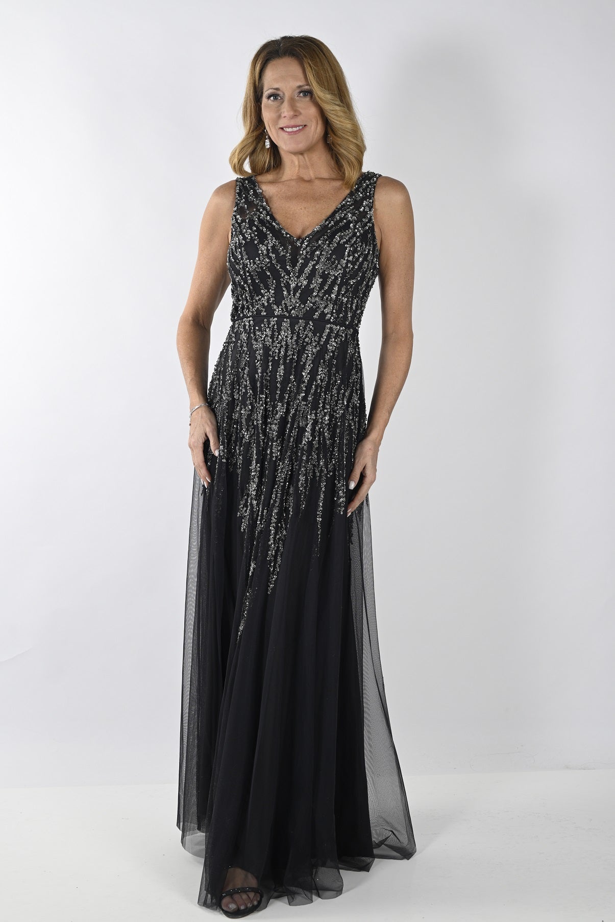 Beaded & Sequined V-Neck Long Dress