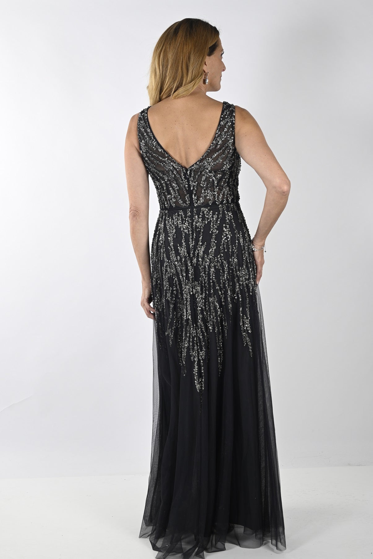 Beaded & Sequined V-Neck Long Dress