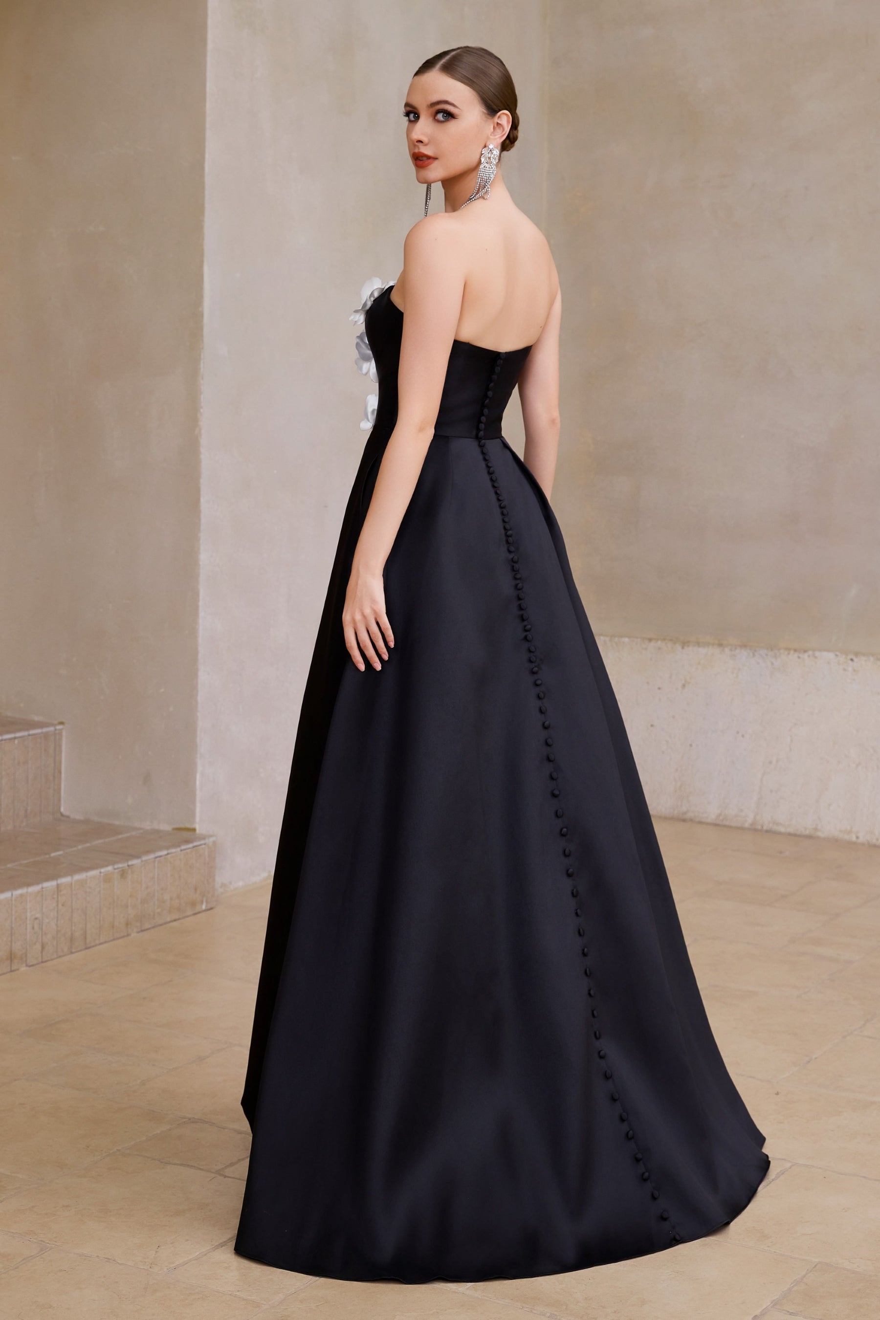 Black/Ivory Strapless 3D Floral A-Line Ball Gown