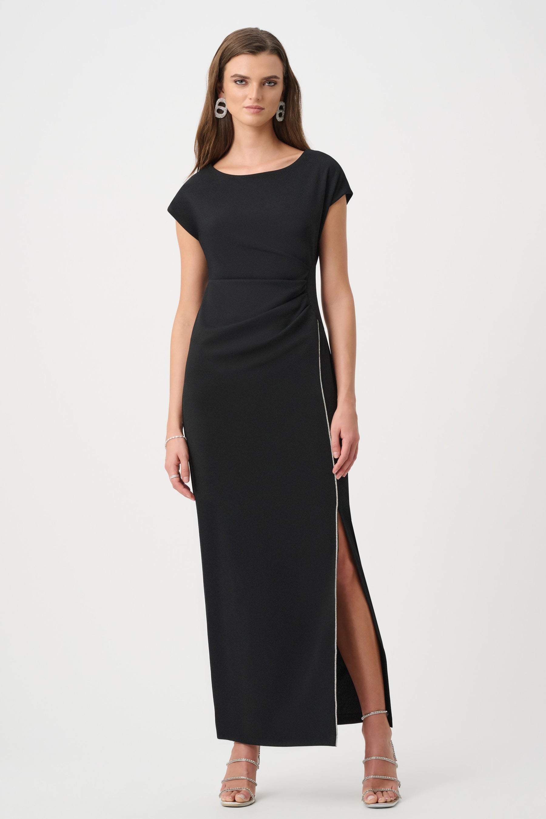 Black Scuba Crepe Sheath Gown with Rhinestone Piping