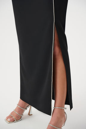 Black Scuba Crepe Sheath Gown with Rhinestone Piping