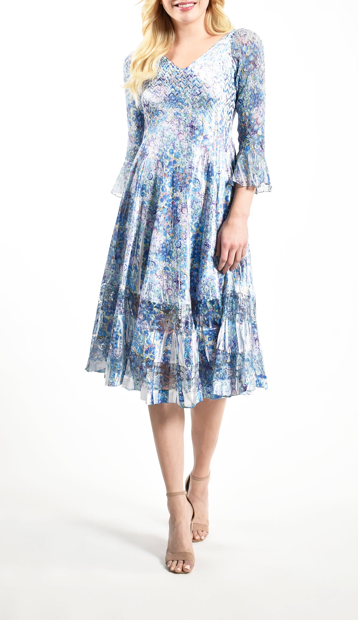 Blue Lily Pad Print Tea Length Dress