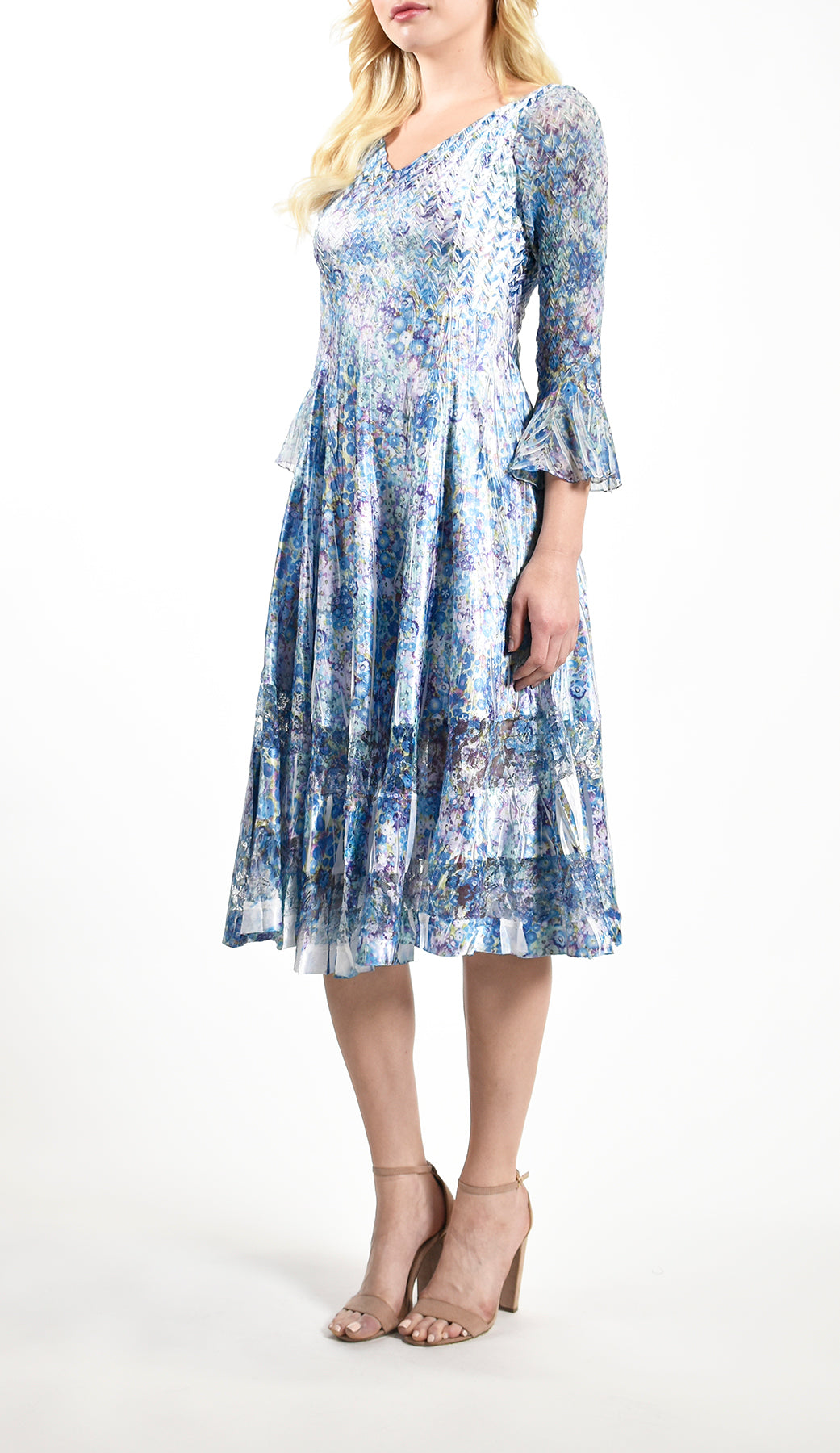 Blue Lily Pad Print Tea Length Dress