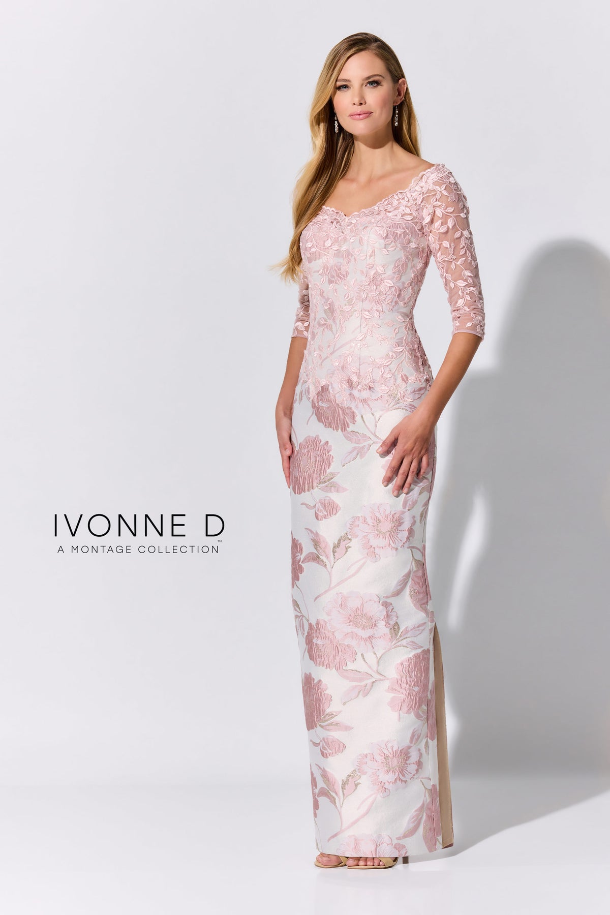 Brocade Column Gown with Illusion Sleeves