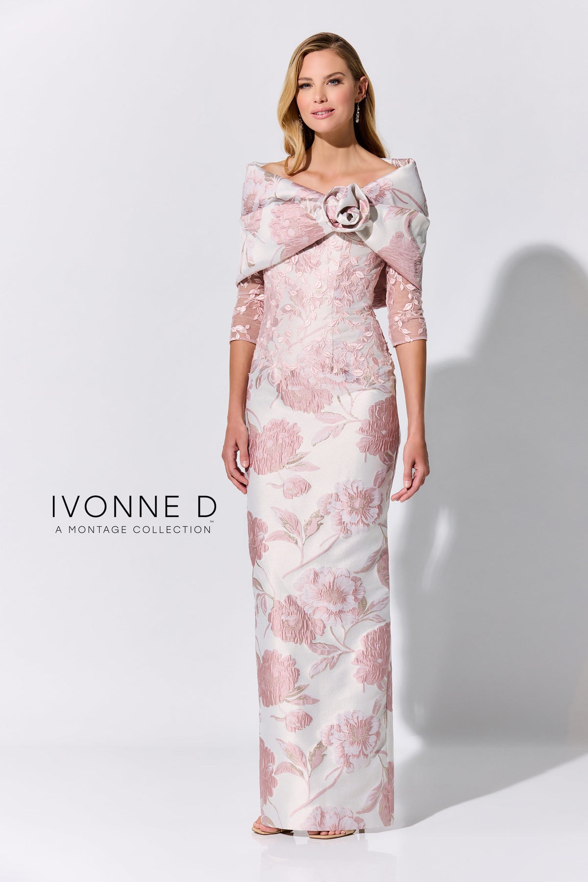 Brocade Column Gown with Illusion Sleeves