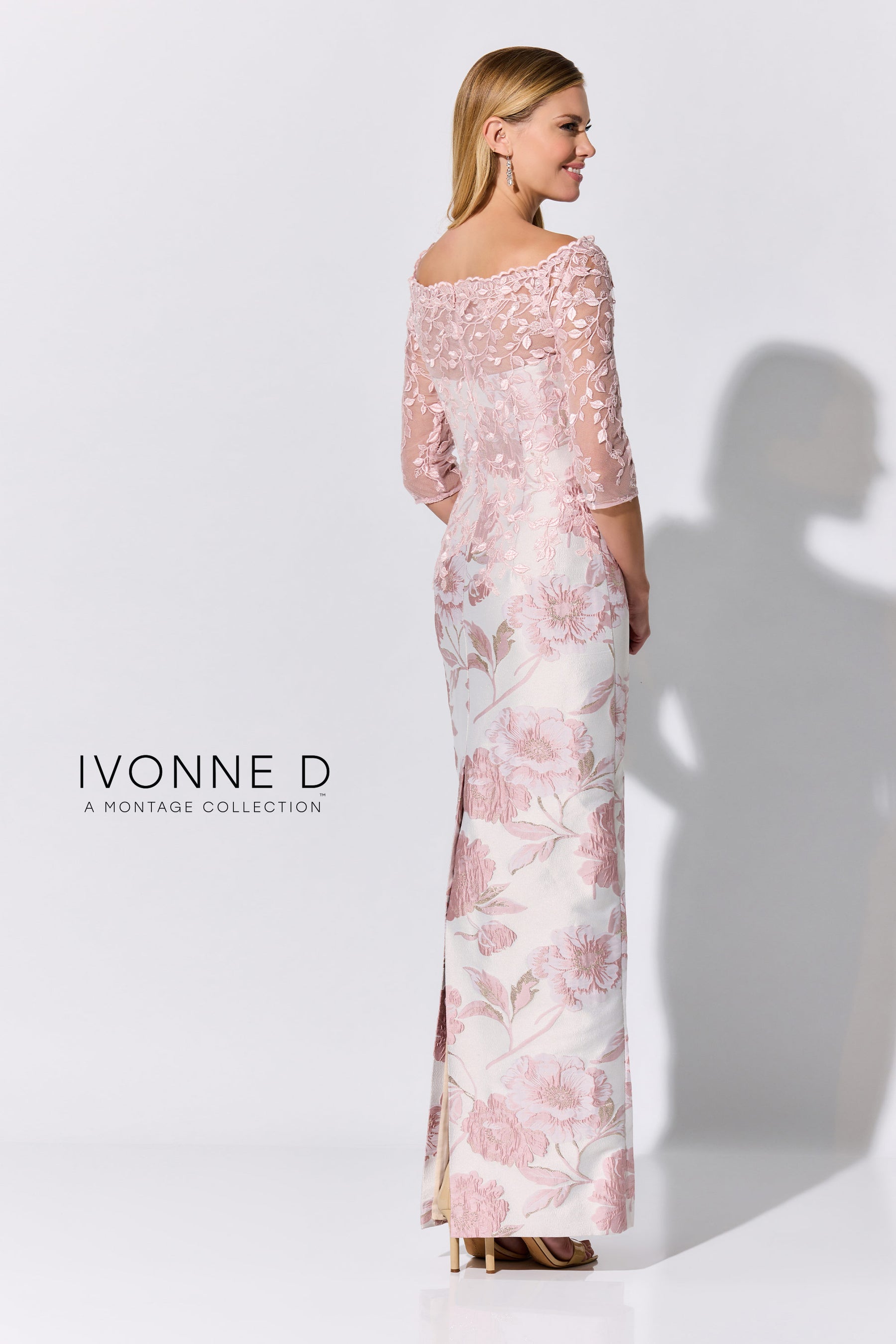 Brocade Column Gown with Illusion Sleeves