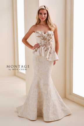 Brocade Strapless Mermaid Gown With Beaded Peplum Bodice