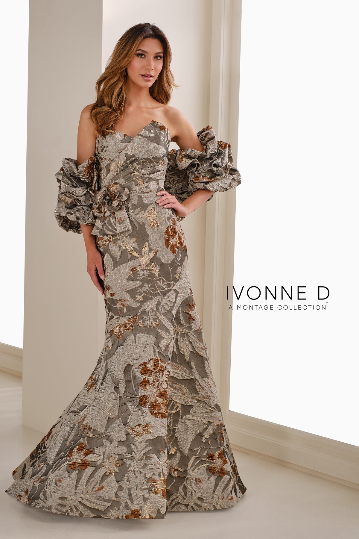 Brocade Trumpet Gown With 3D Flower Detail