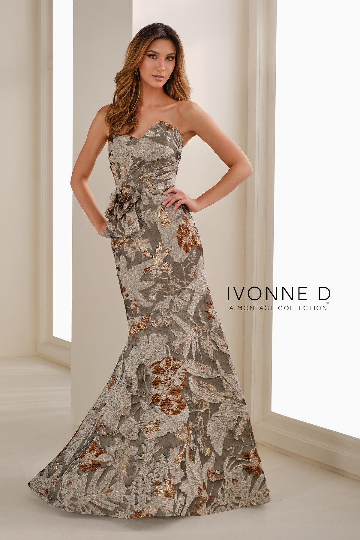 Brocade Trumpet Gown With 3D Flower Detail