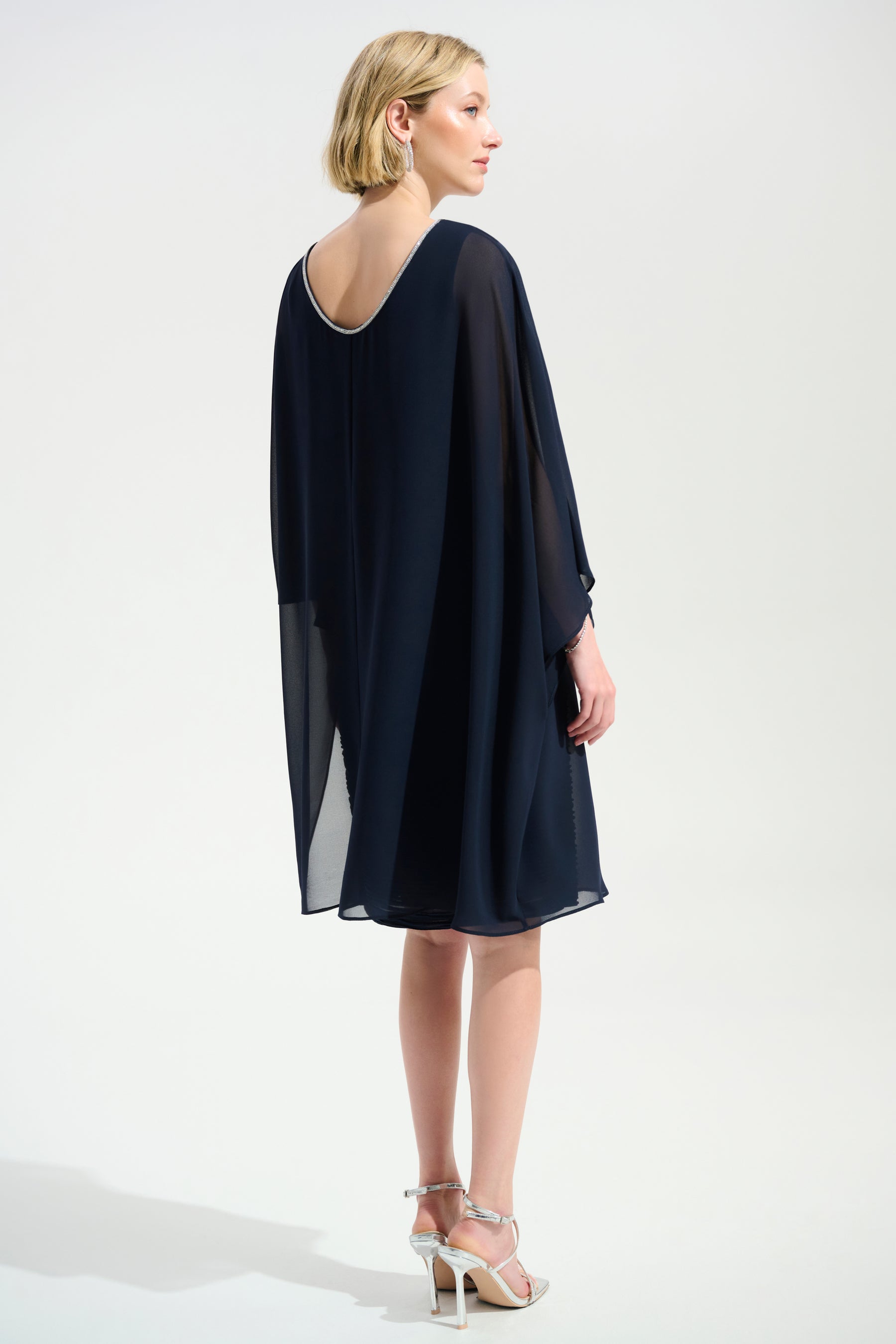 Cascade Knit Dress With Jeweled Chiffon Overlay