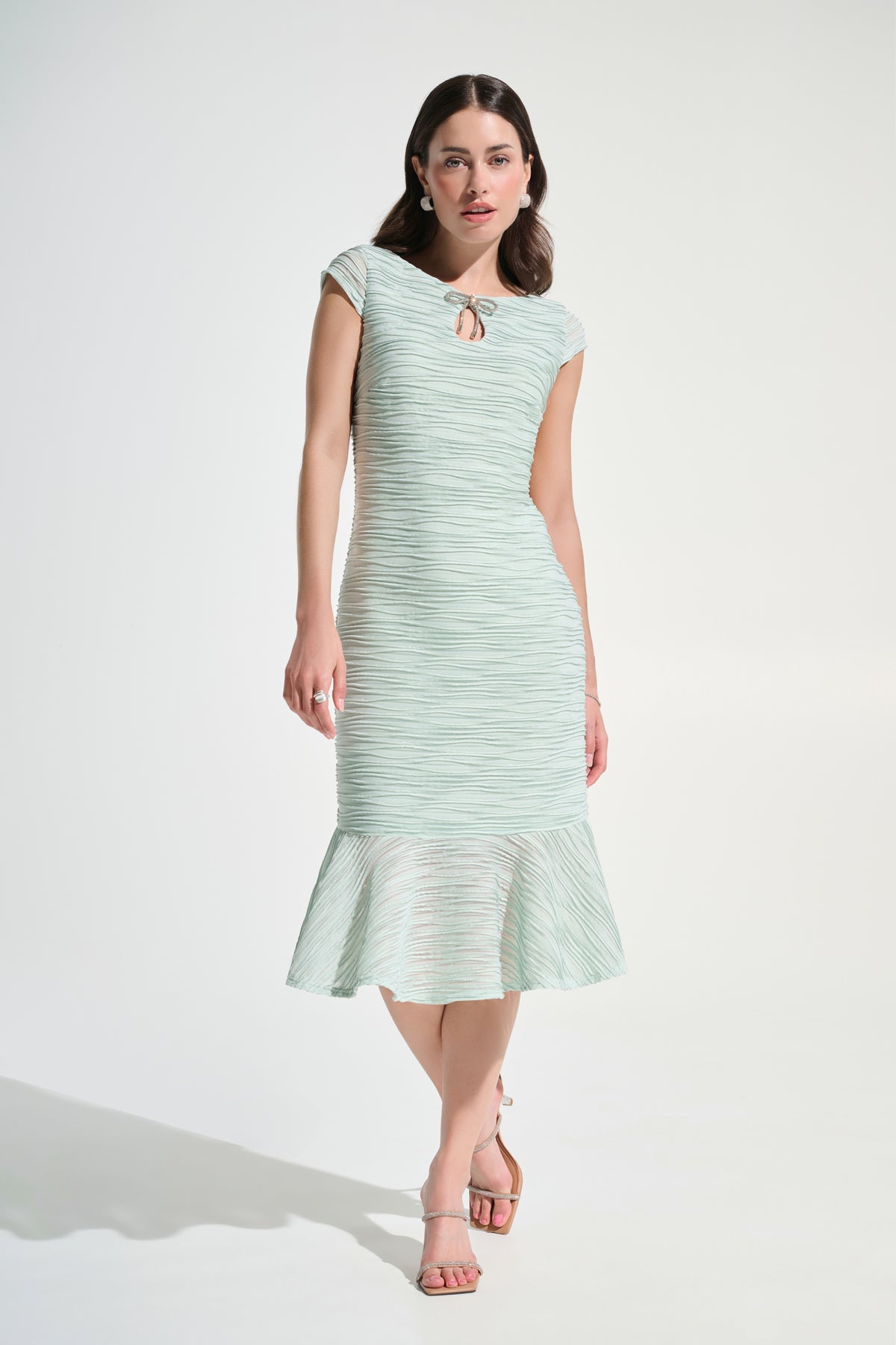 Cascade Knit Flounce Hem Dress With Rhinestone Bow