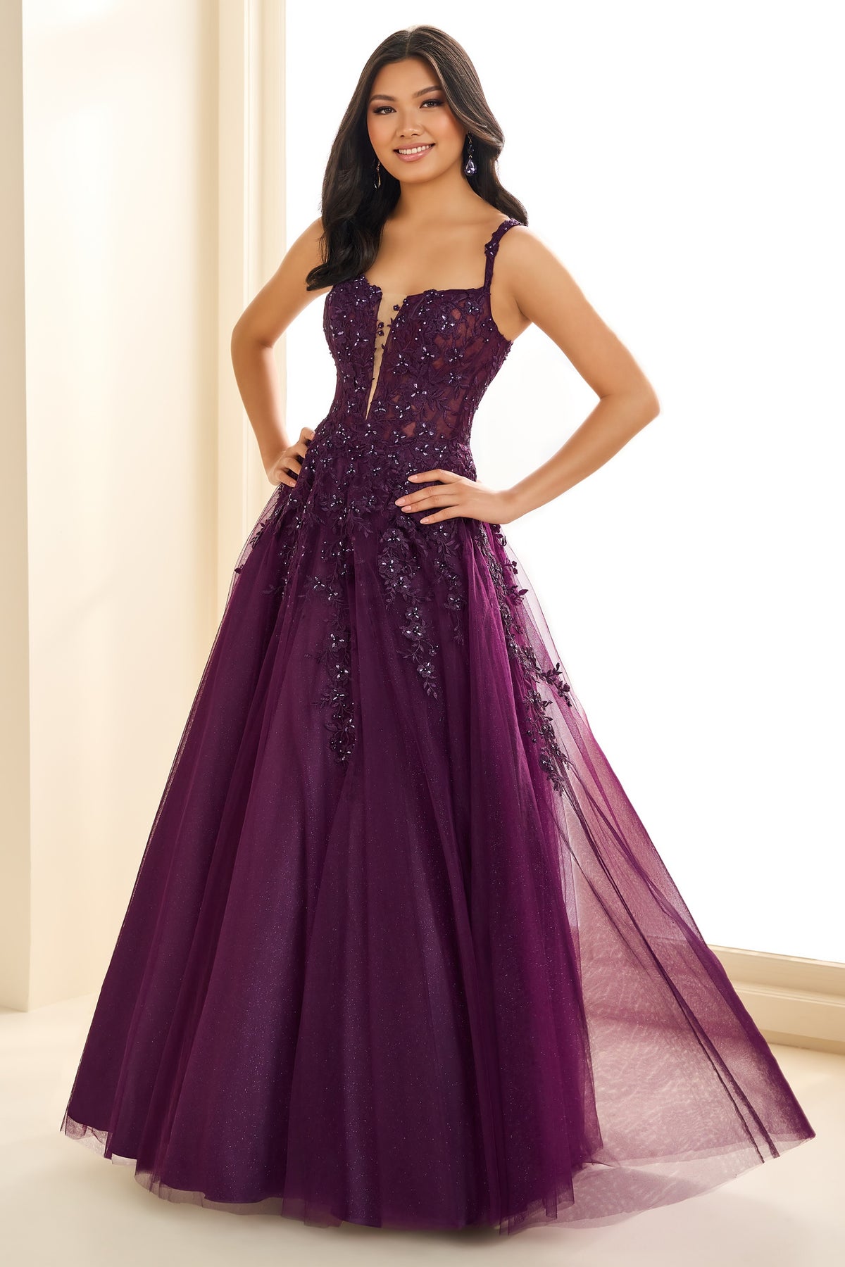 Cascading Embroidered Floral Applique Gown