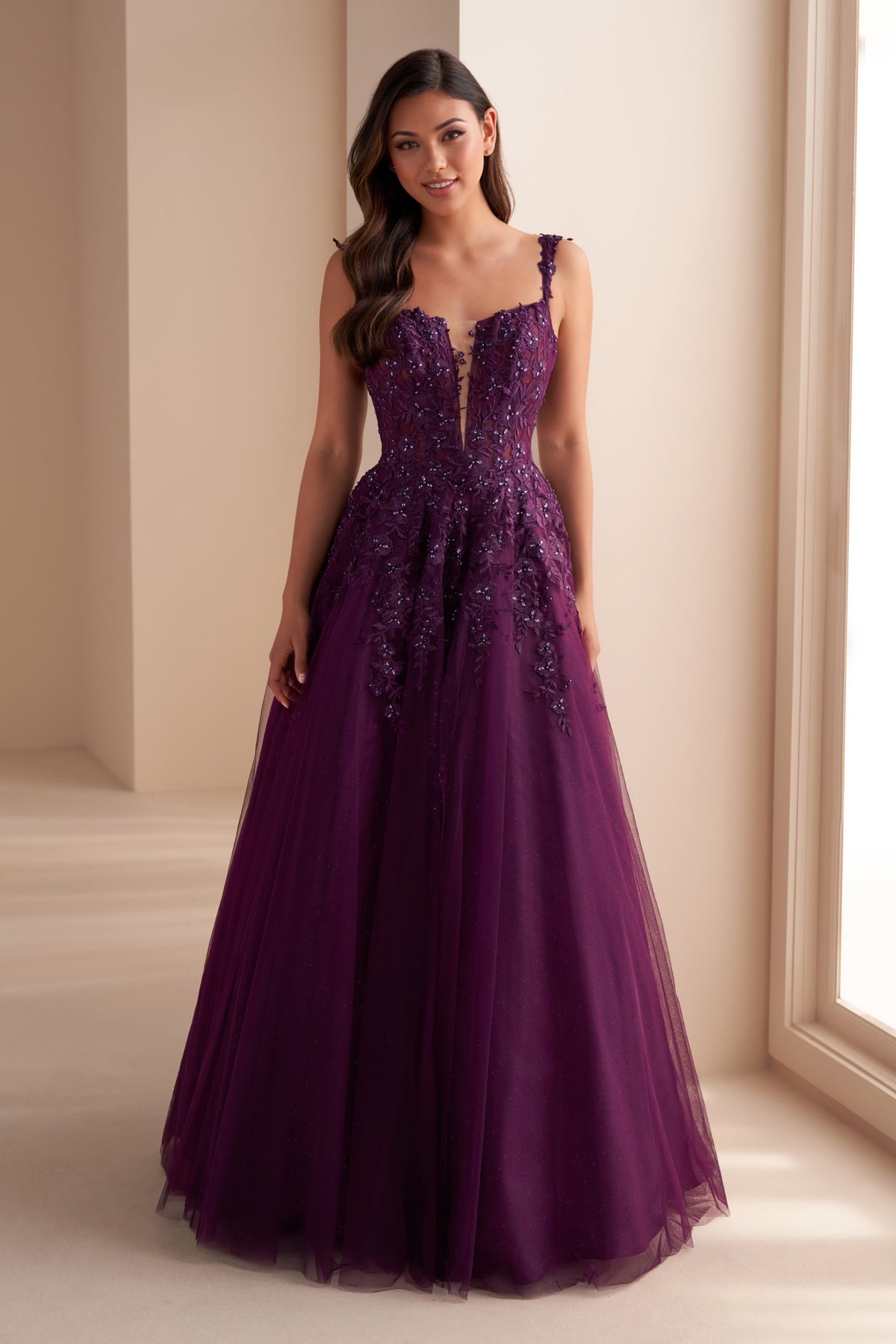 Cascading Embroidered Floral Applique Gown