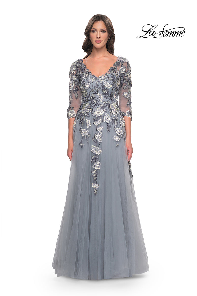 Cascading Floral Applique Gown with Sheer Sleeves | Lizzy's by