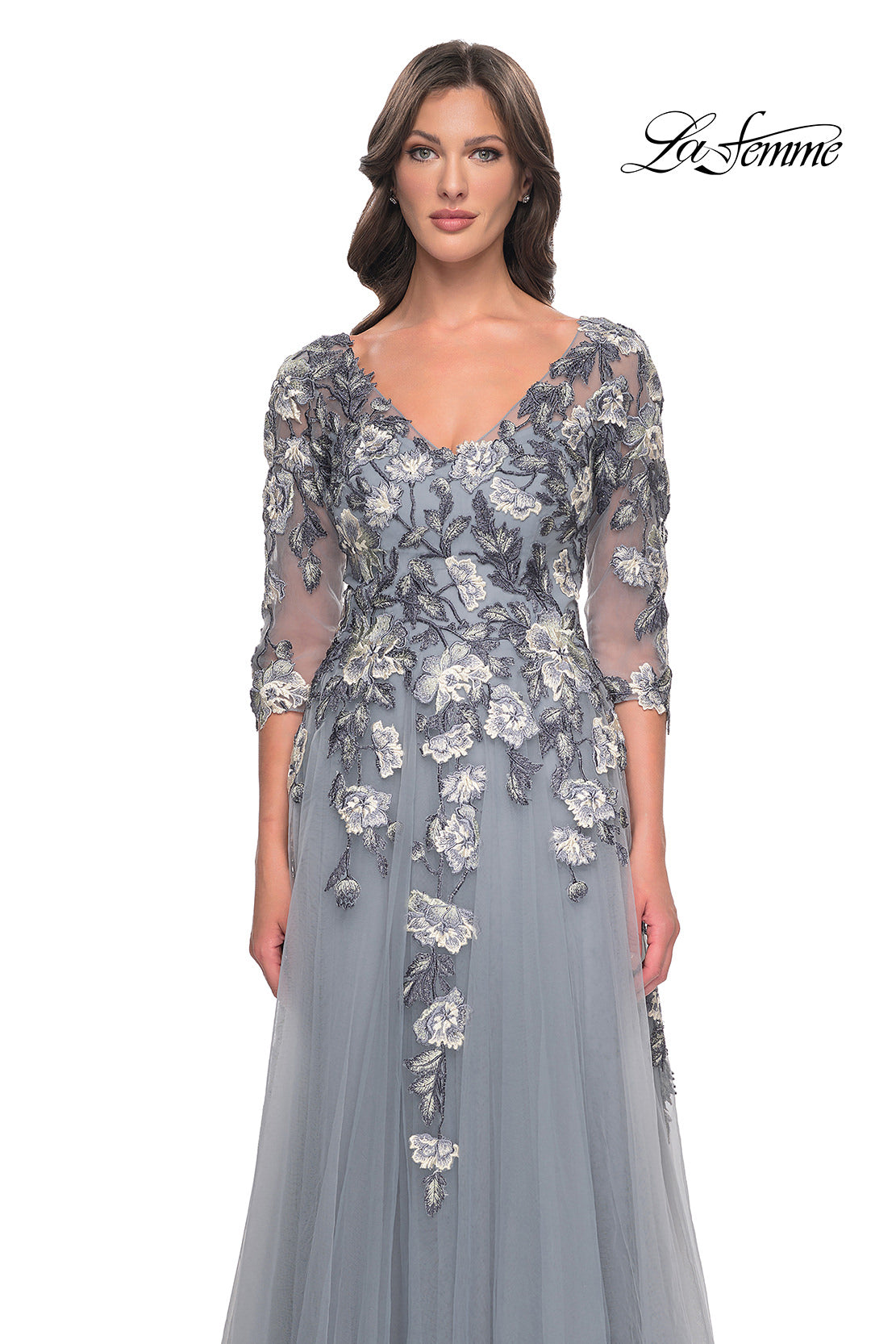 Cascading Floral Applique Gown with Sheer Sleeves