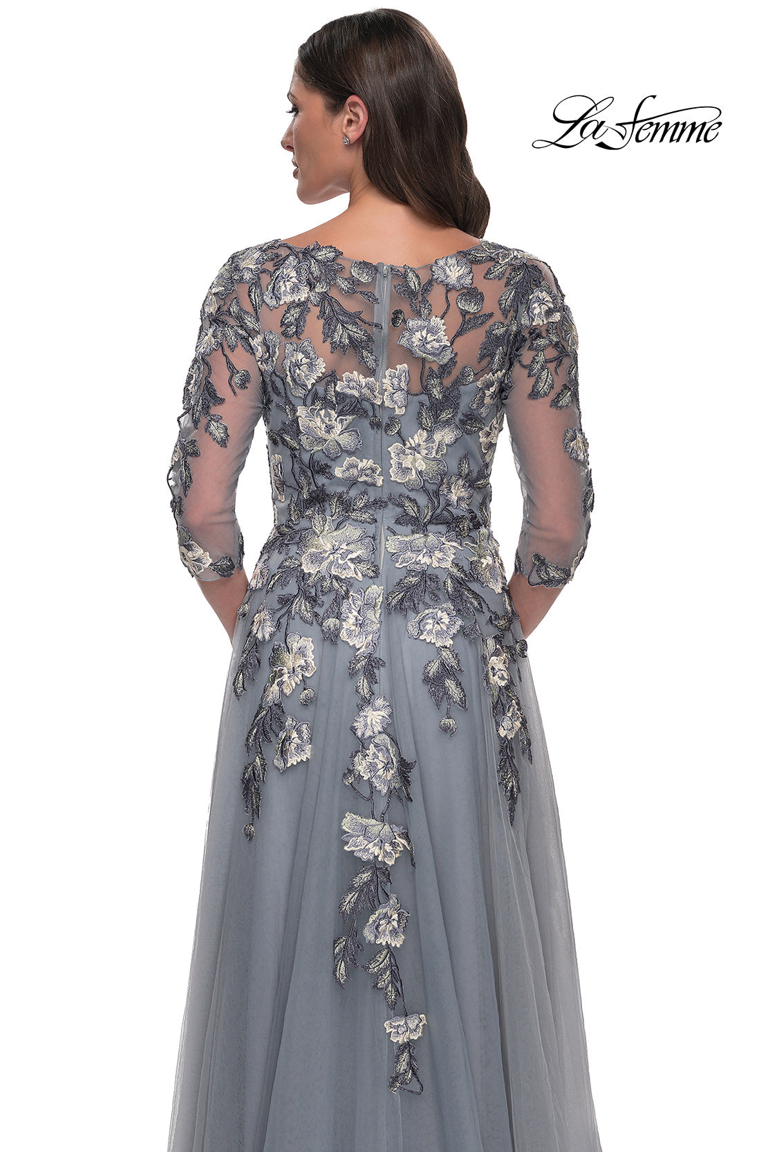 Cascading Floral Applique Gown with Sheer Sleeves