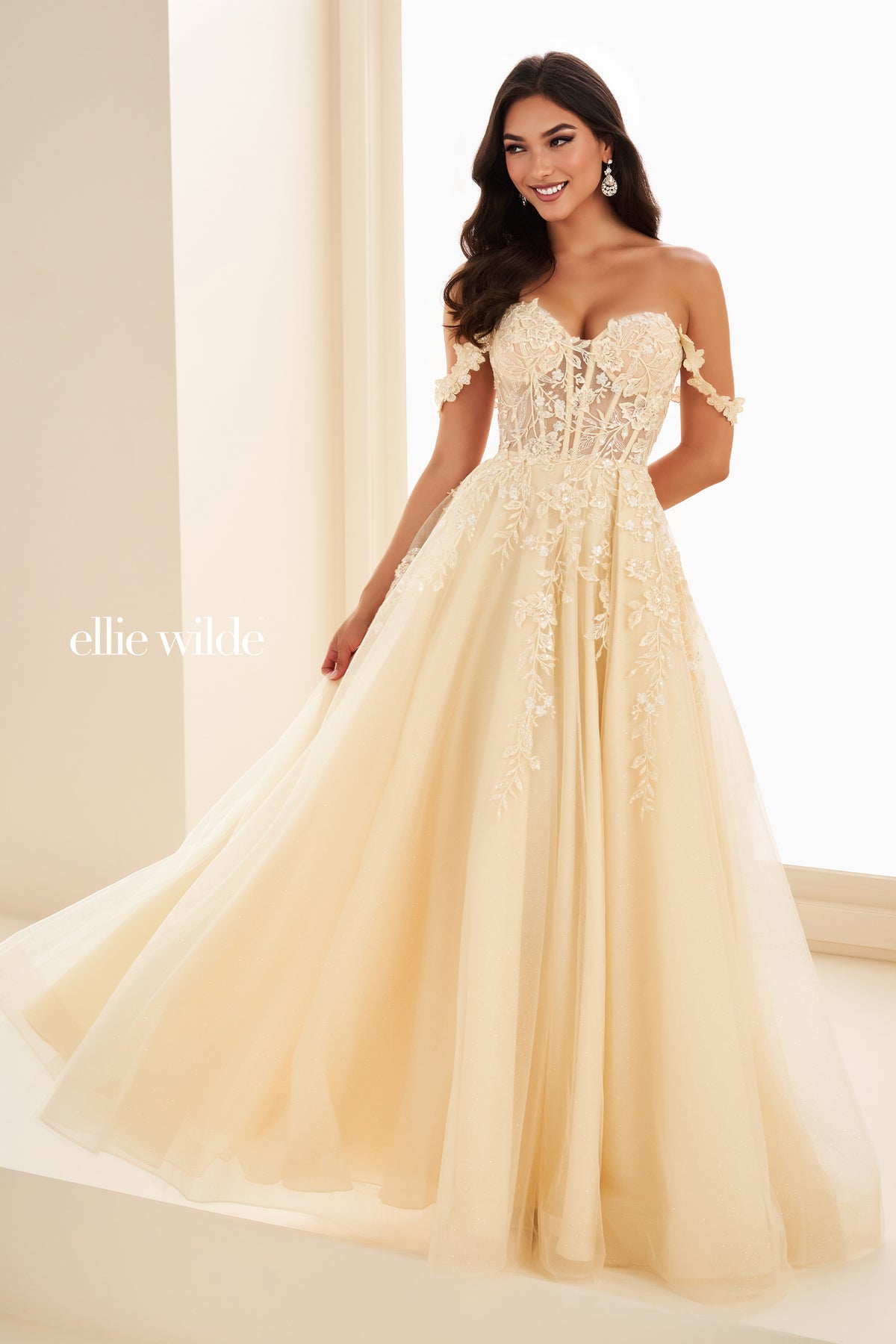 Cascading Floral Embroidered Off Shoulder Gown