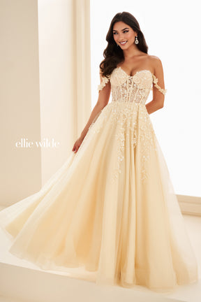 Cascading Floral Embroidered Off Shoulder Gown