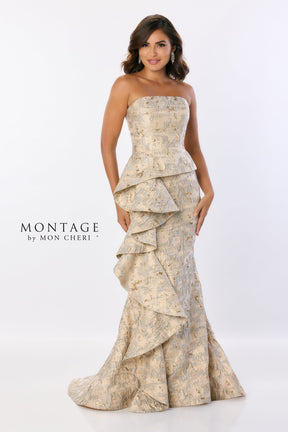 Cascading Ruffle Brocade Gown
