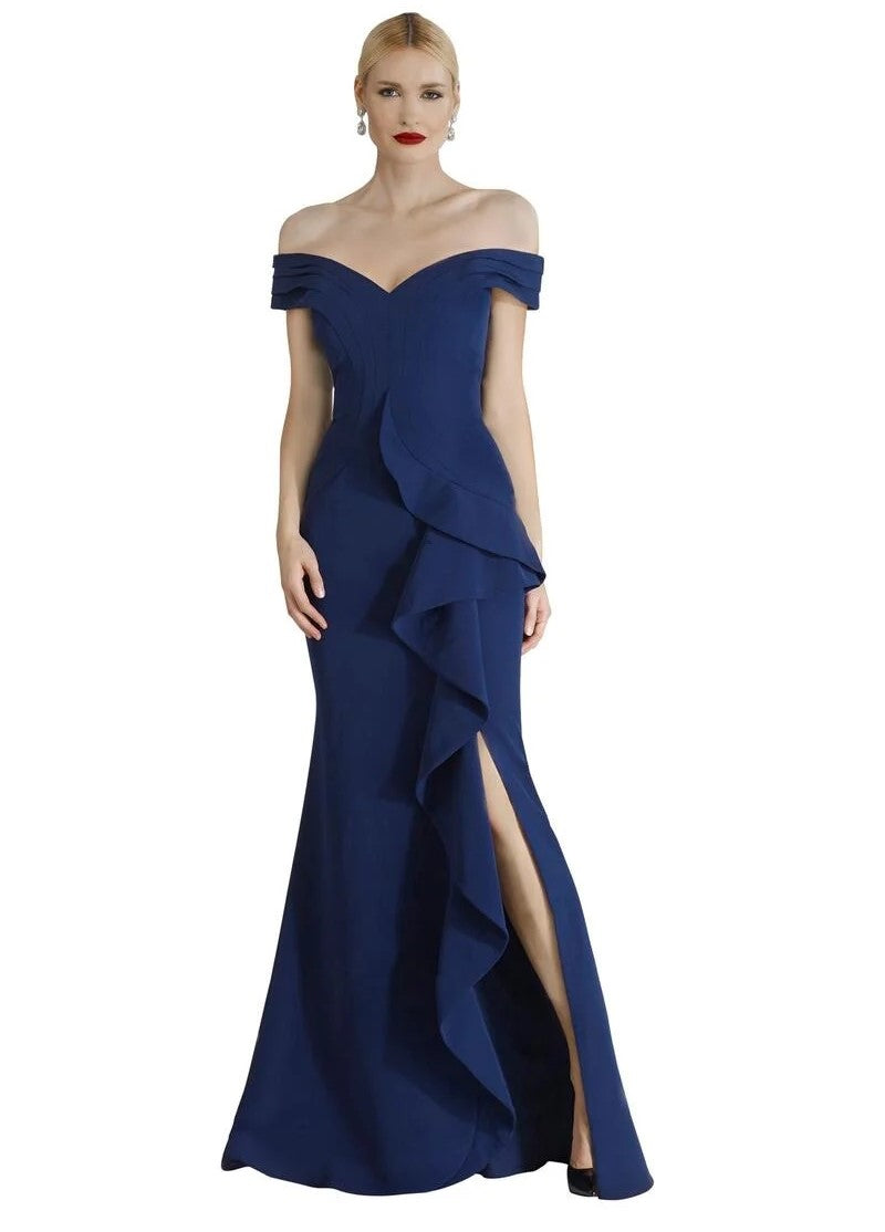 Cascading Ruffle Off Shoulder Gown