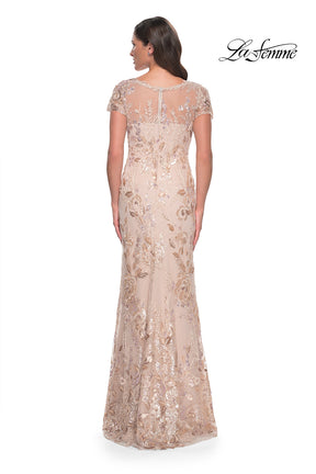Chic Beaded Short Sleeve Gown with Illusion Neckline