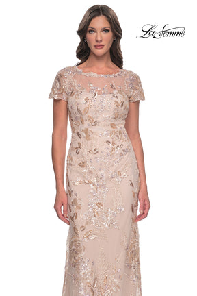 Chic Beaded Short Sleeve Gown with Illusion Neckline