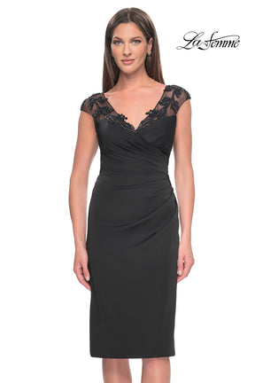 Chic Midi Dress with Beaded illusion Neckline