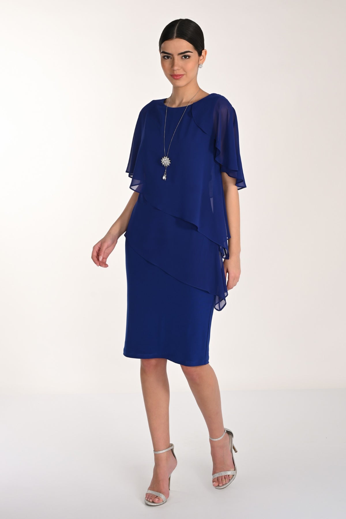 Chiffon Tiered Capelet Dress With Necklace