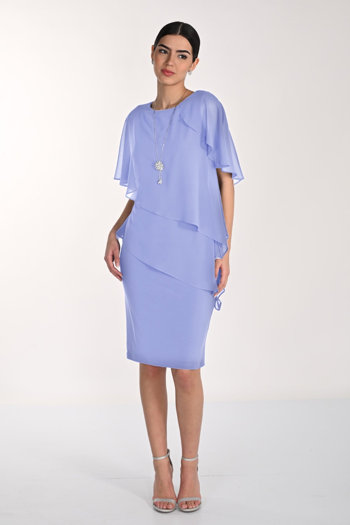 Chiffon Tiered Capelet Dress With Necklace