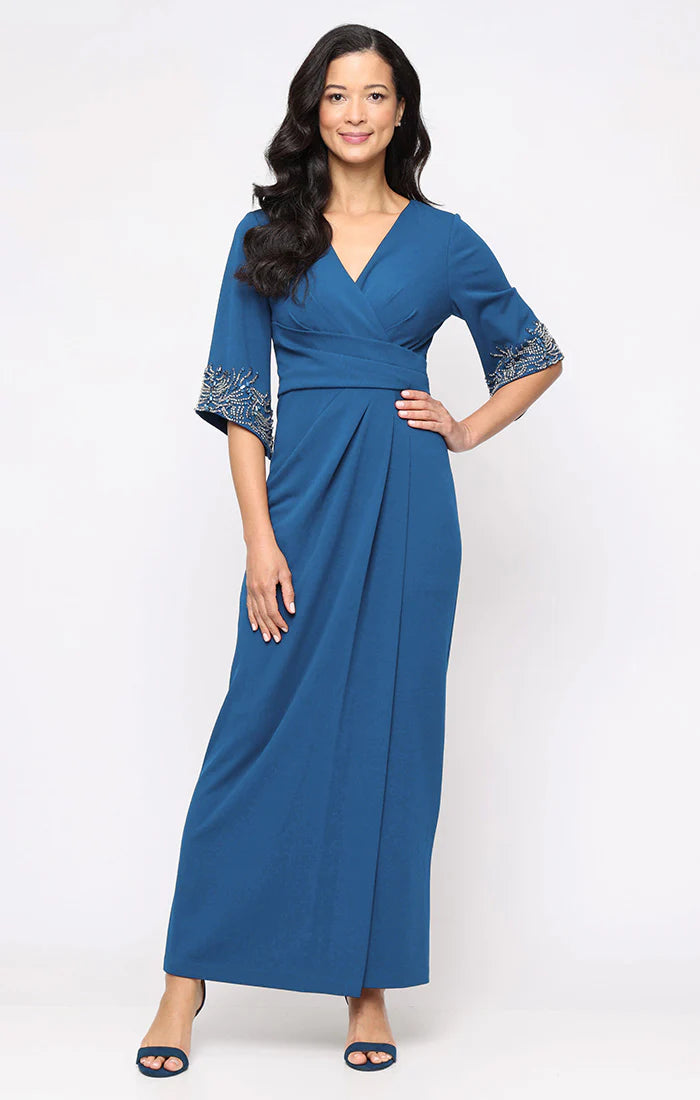 Column Dress with Pleating Detail and Beaded Sleeves