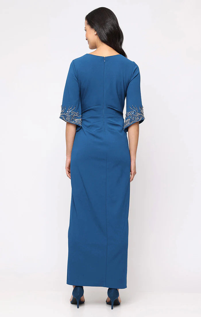Column Dress with Pleating Detail and Beaded Sleeves