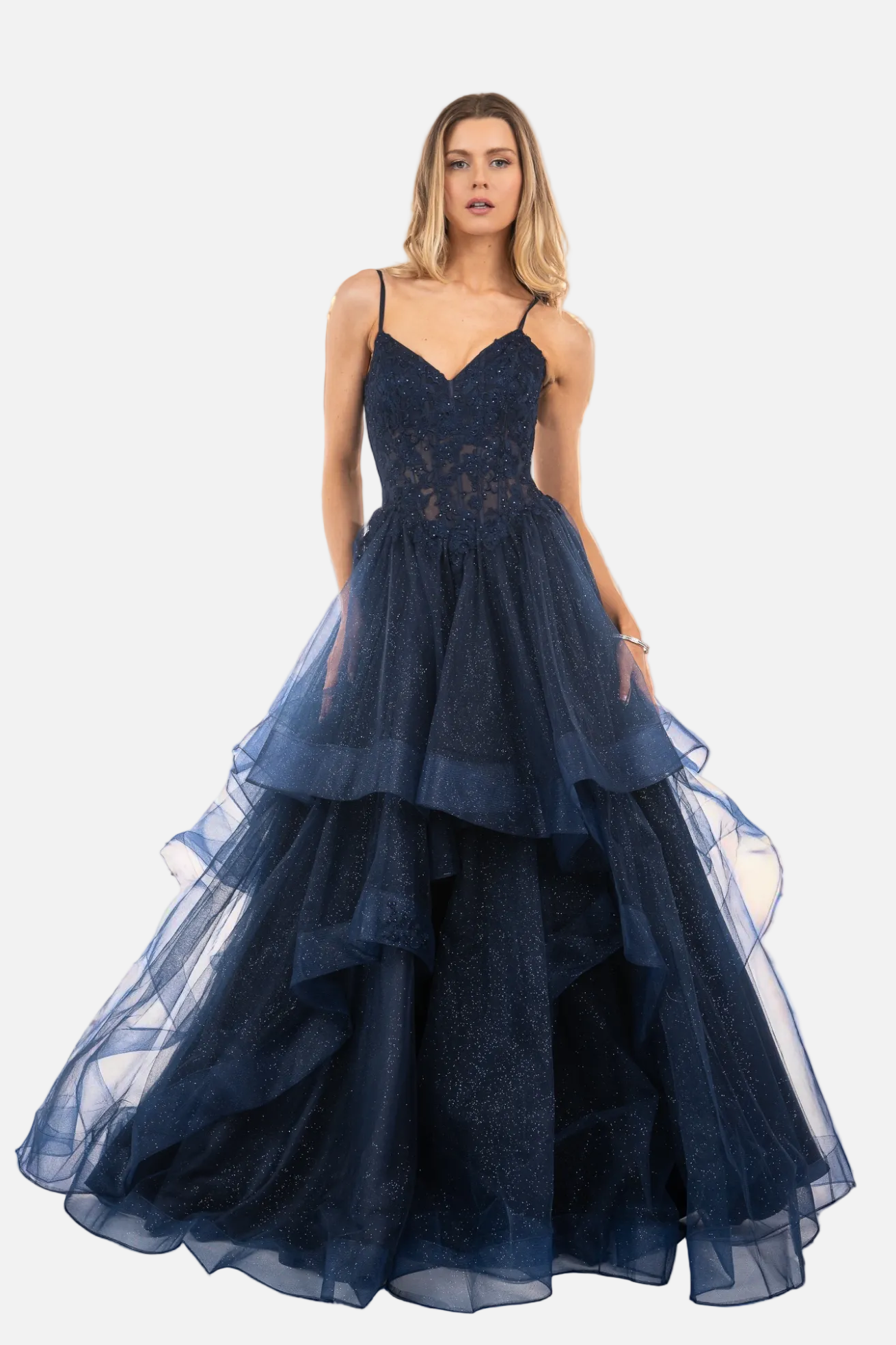 Corset Back Bead & Embroidered Layered Glitter Tulle Ballgown